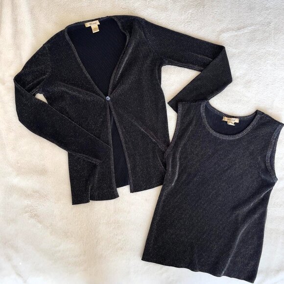 Plisse | Metallic black & gold ribbed cardigan & tank top set | Size S/P - Picture 1 of 6